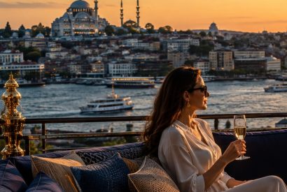 Rooftop lounge overlooking the Bosphorus at sunset in Istanbul