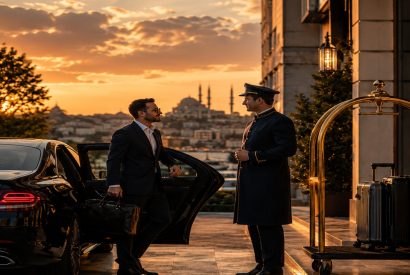 Business traveller arriving for a corporate concierge service
