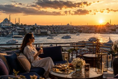 Guest enjoying a rooftop view over Istanbul at sunset